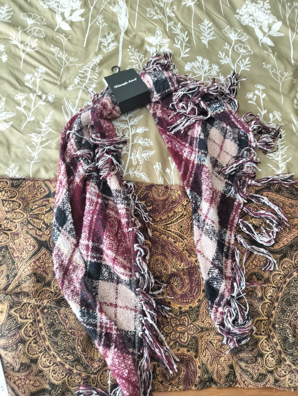 NWT Cozy Plaid Bouclé Triangle Scarf with Fringe Detail